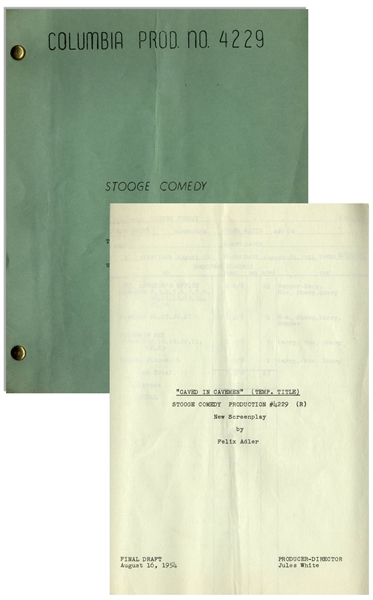 Moe Howard's Multi-Signed Script for The Three Stooges 1955 Film ''Stone Age Romeos'', With Working Title ''Caved In Cavemen'' -- With Moe's Handwritten Notations Throughout